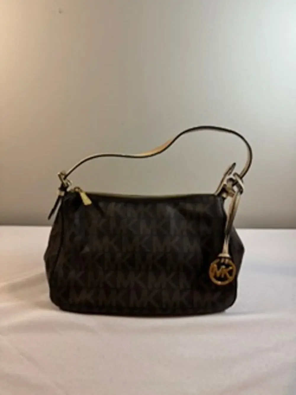 Michael Kors Signature MK Logo Shoulder Bag Brown Tan Gold Hardware